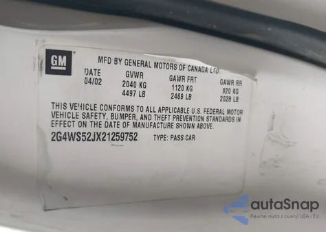 2002 Buick Century Custom z USA, uszkodzony, nr VIN 2G4WS52JX21259752